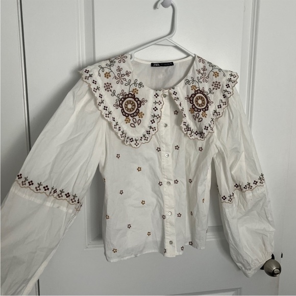 Zara white embroidered poplin long sleeve top - Picture 2 of 5